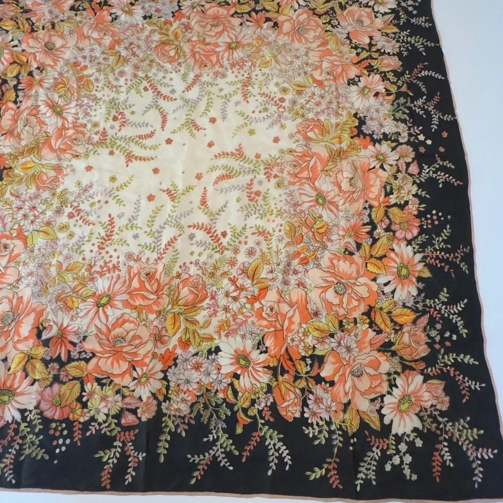 Vintage Floral Scarf Orange Black Garden Print Retro 32x34 Large Square Wrap
